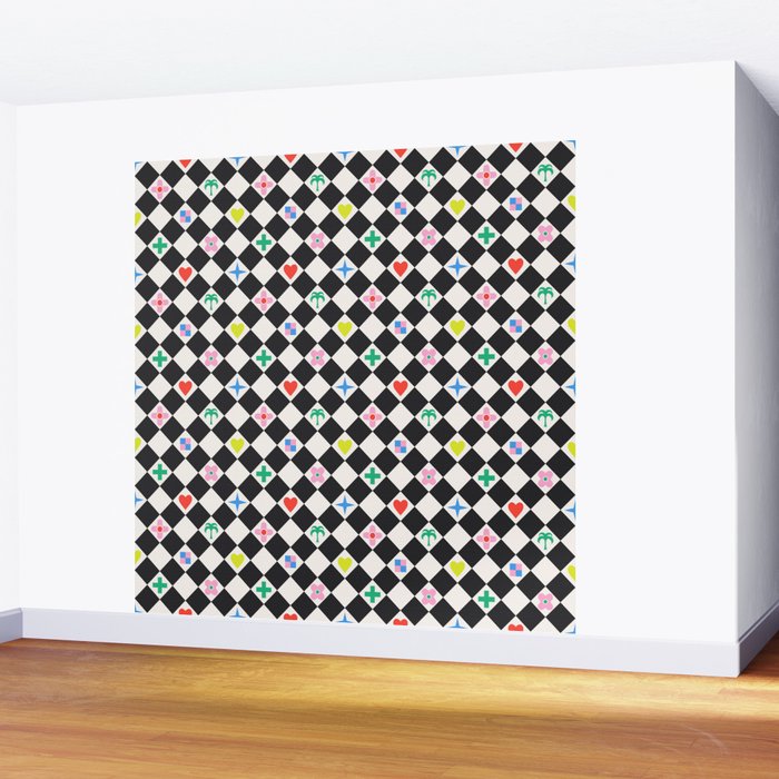 Tropical Vacation Symbols Black and White Harlequin Diamond Grid Wall Mural Gallery Image 2