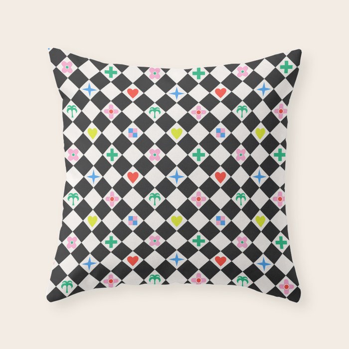 Tropical Vacation Symbols Black and White Harlequin Diamond Grid Throw Pillow Gallery Image 1