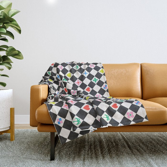 Tropical Vacation Symbols Black and White Harlequin Diamond Grid Throw Blanket Gallery Image 1