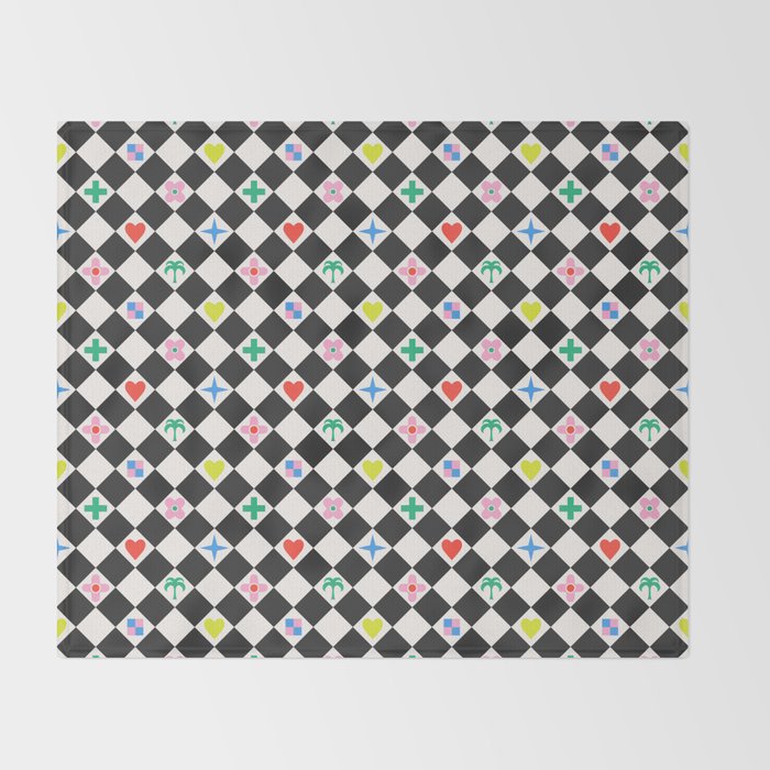 Tropical Vacation Symbols Black and White Harlequin Diamond Grid Throw Blanket Gallery Image 2