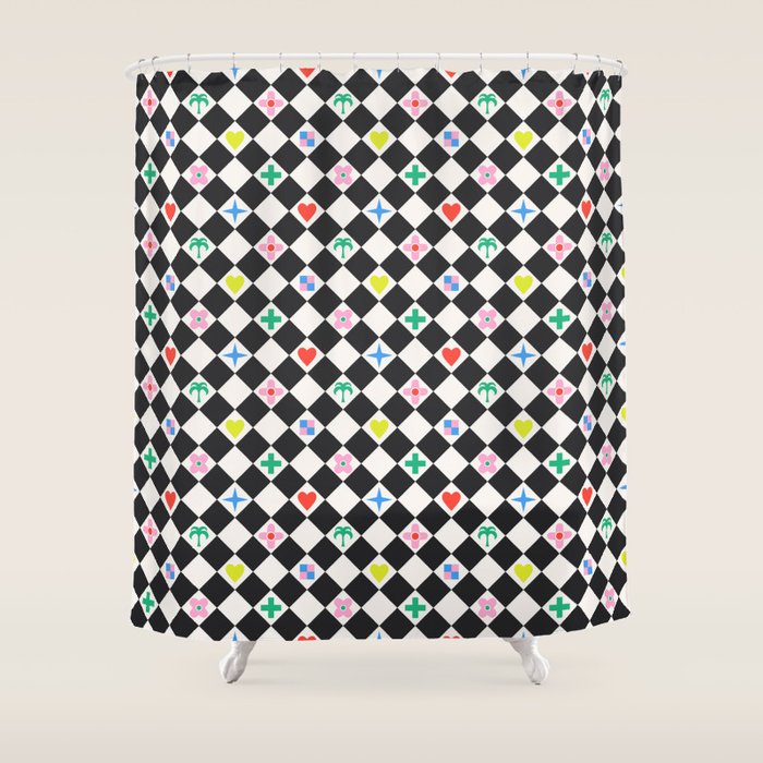 Tropical Vacation Symbols Black and White Harlequin Diamond Grid Shower Curtain Gallery Image 1