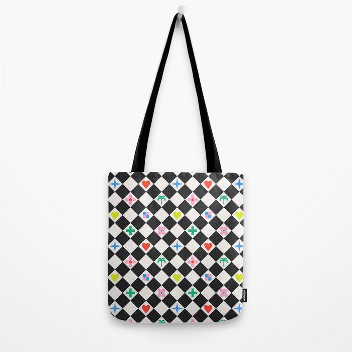 Tropical Vacation Symbols Black and White Harlequin Diamond Grid Tote Bag Gallery Image 2