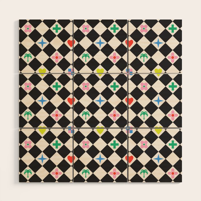 Tropical Vacation Symbols Black and White Harlequin Diamond Grid Wood Wall Art Gallery Image 1