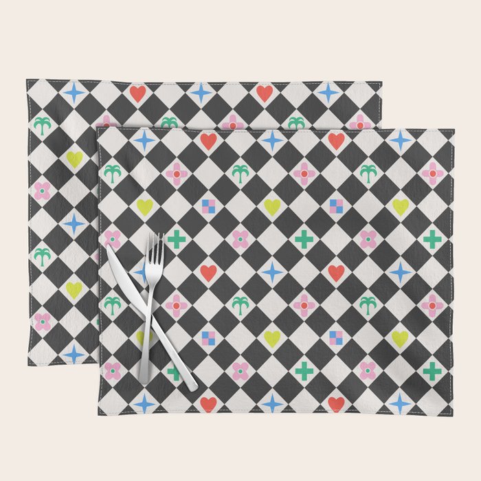 Tropical Vacation Symbols Black and White Harlequin Diamond Grid Placemat Gallery Image 1