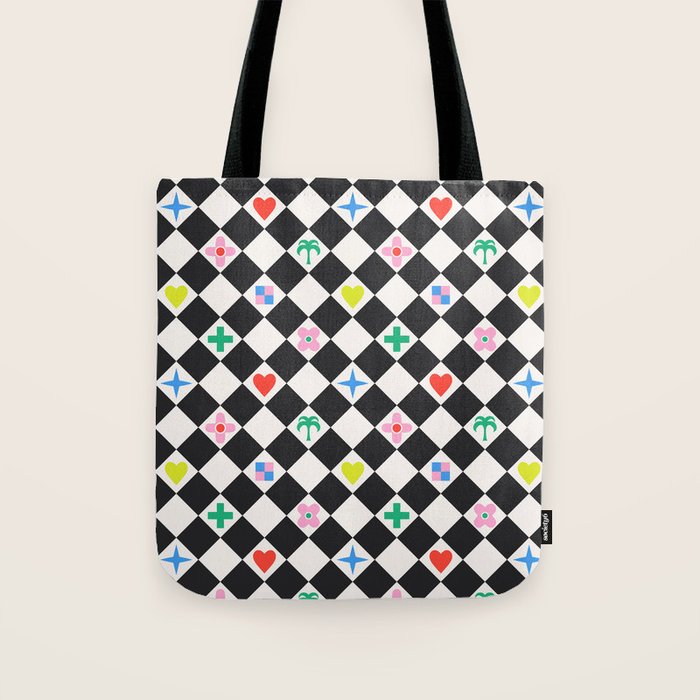 Tropical Vacation Symbols Black and White Harlequin Diamond Grid Tote Bag Gallery Image 1