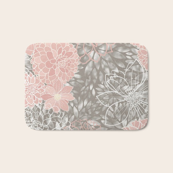 Floral Dahlias, Blush Pink, Gray, White Bath Mat Gallery Image 1