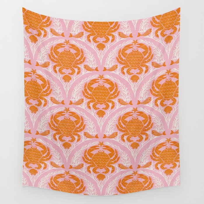 Orange Crab On Pink Pattern Wall Tapestry Gallery Image 1