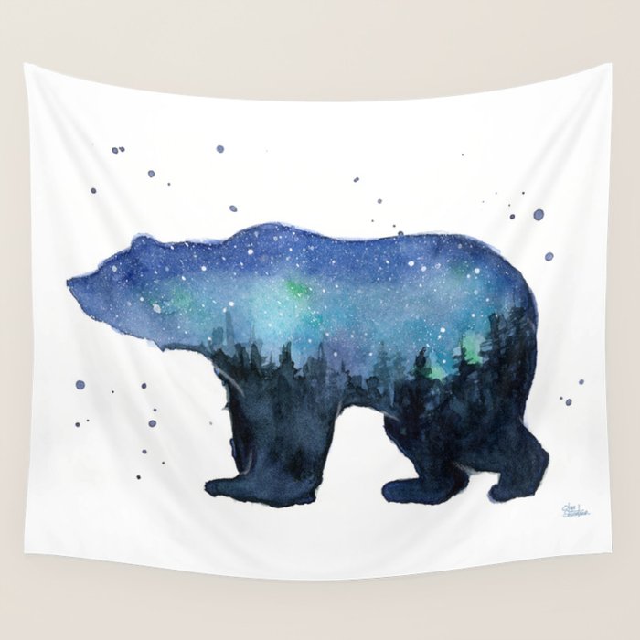 Forest Bear Silhouette Watercolor Galaxy Wall Tapestry Gallery Image 4