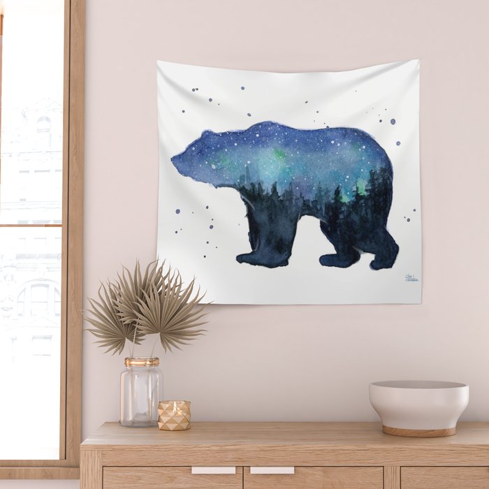 Forest Bear Silhouette Watercolor Galaxy Wall Tapestry Gallery Image 2