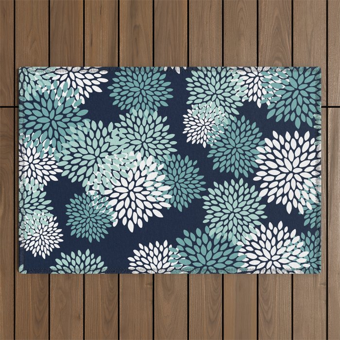 Floral Blooms in Navy, Teal and White Outdoor Rug Gallery Image 1