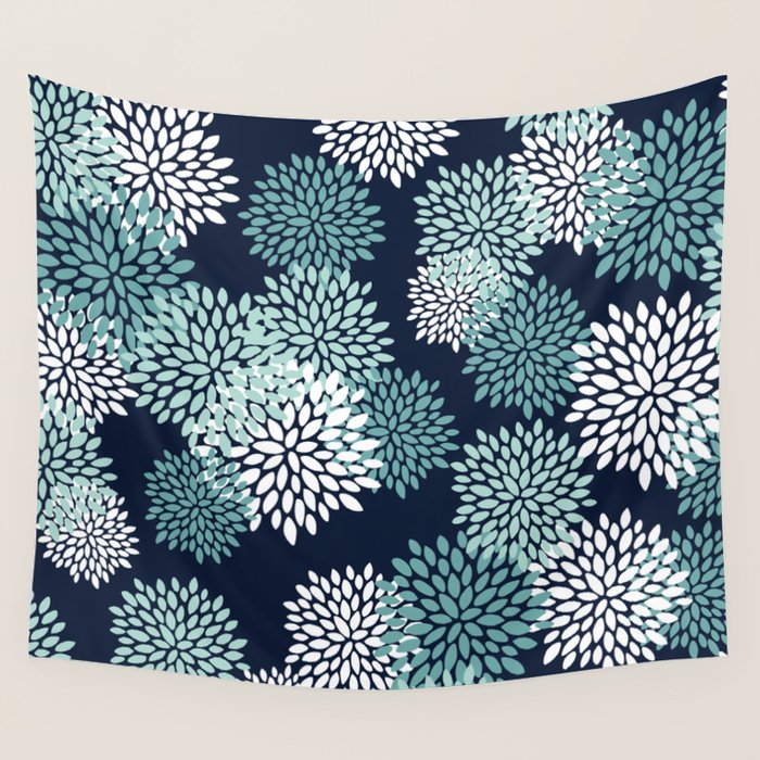Floral Blooms in Navy, Teal and White Wall Tapestry Gallery Image 4