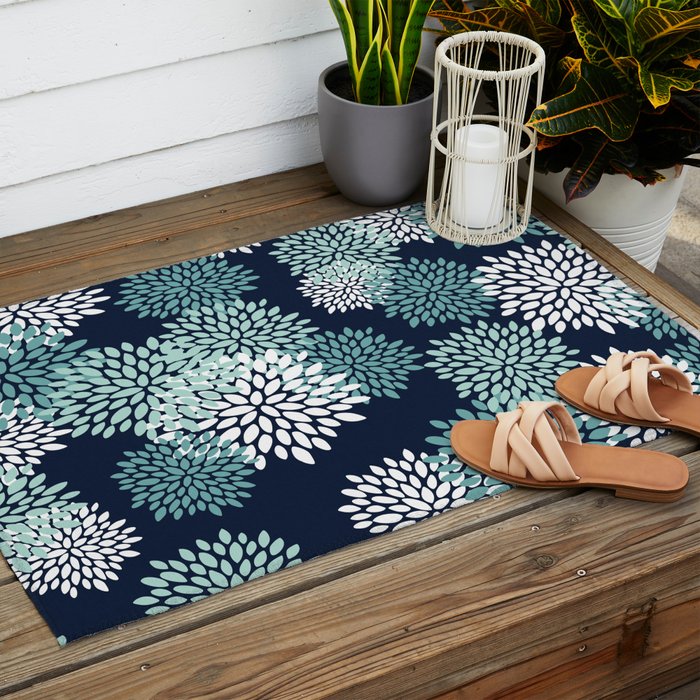 Floral Blooms in Navy, Teal and White Outdoor Rug Gallery Image 2