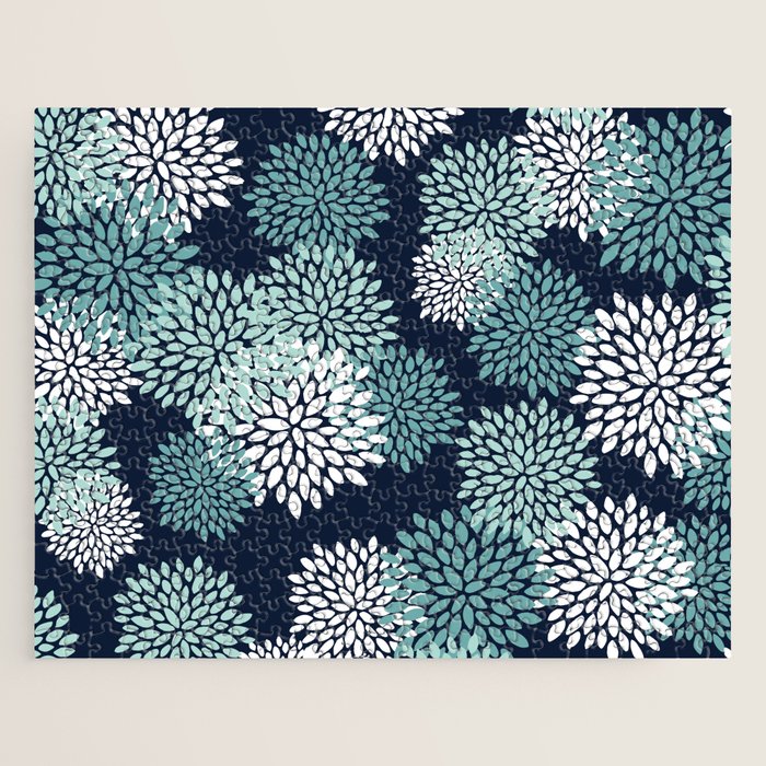 Floral Blooms in Navy, Teal and White Jigsaw Puzzle Gallery Image 1