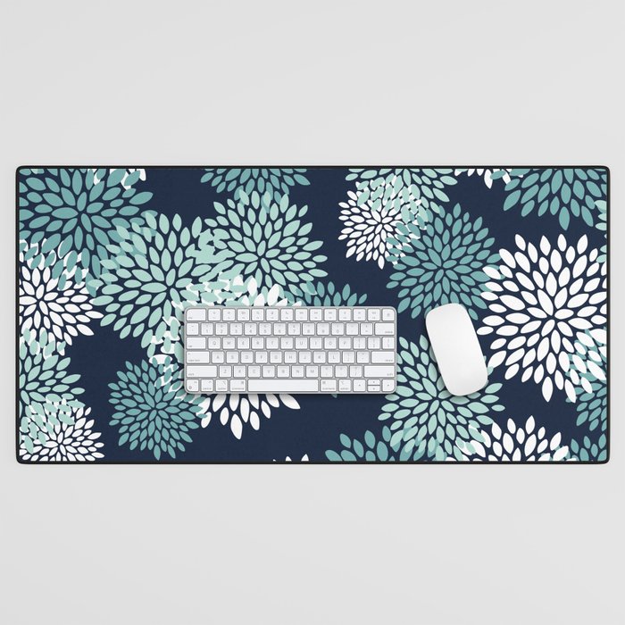 Floral Blooms in Navy, Teal and White Desk Mat Gallery Image 1