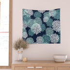 Floral Blooms in Navy, Teal and White Wall Tapestry Gallery Image 2