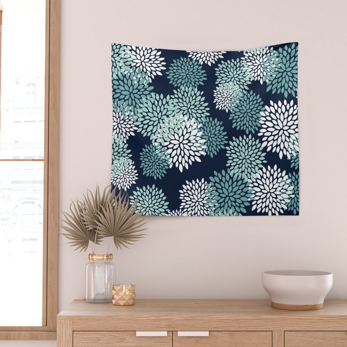 Floral Blooms in Navy, Teal and White Wall Tapestry Gallery Image 2