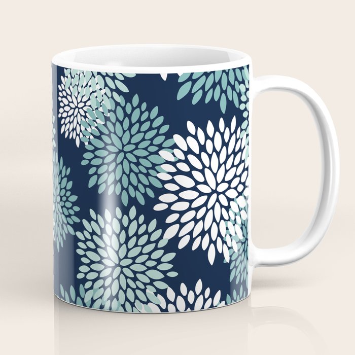 Floral Blooms in Navy, Teal and White Coffee Mug Gallery Image 1