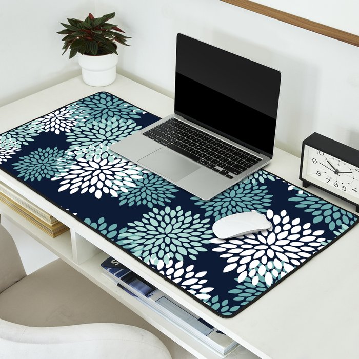 Floral Blooms in Navy, Teal and White Desk Mat Gallery Image 2