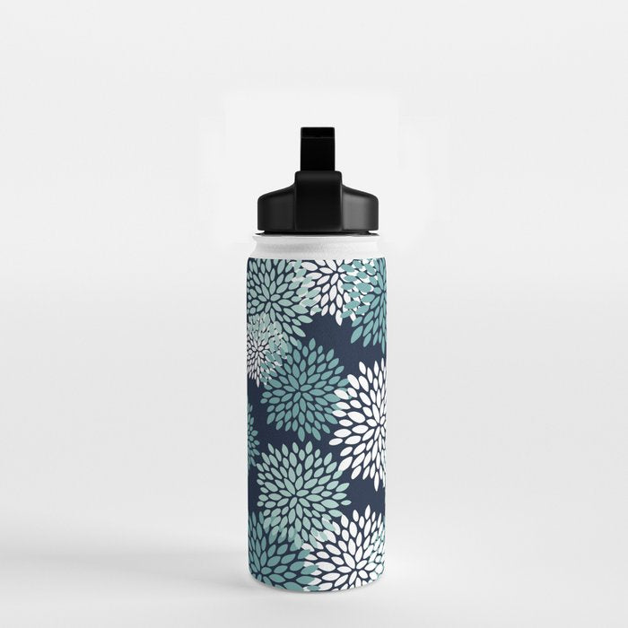 Floral Blooms in Navy, Teal and White Water Bottle Gallery Image 2
