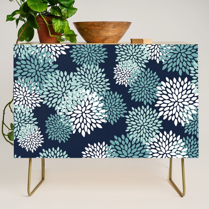 Floral Blooms in Navy, Teal and White Credenza Gallery Image 1