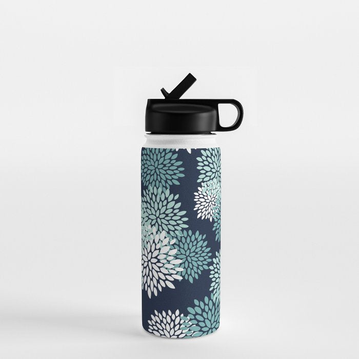 Floral Blooms in Navy, Teal and White Water Bottle Gallery Image 1