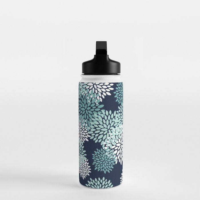 Floral Blooms in Navy, Teal and White Water Bottle Gallery Image 3