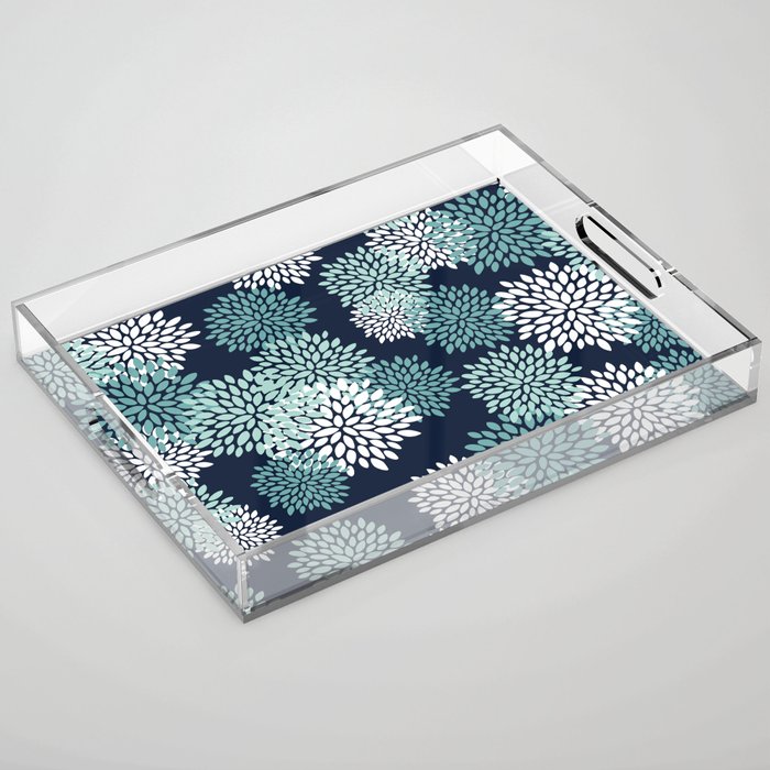 Floral Blooms in Navy, Teal and White Acrylic Tray Gallery Image 1