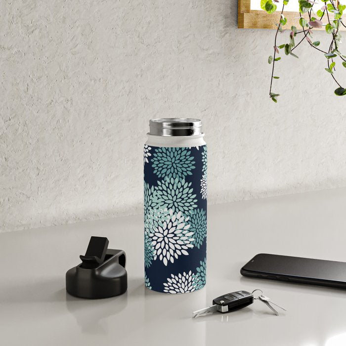 Floral Blooms in Navy, Teal and White Water Bottle Gallery Image 4