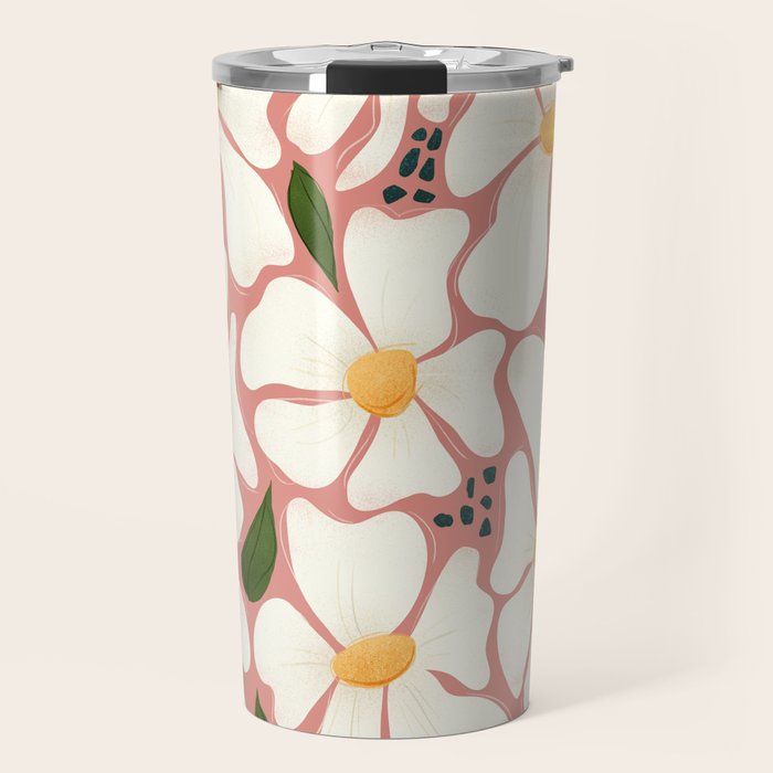 White Daisies On Pink Travel Mug Gallery Image 1