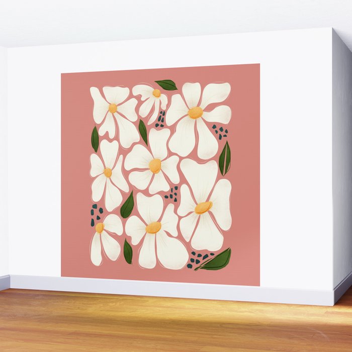 White Daisies On Pink Wall Mural Gallery Image 2