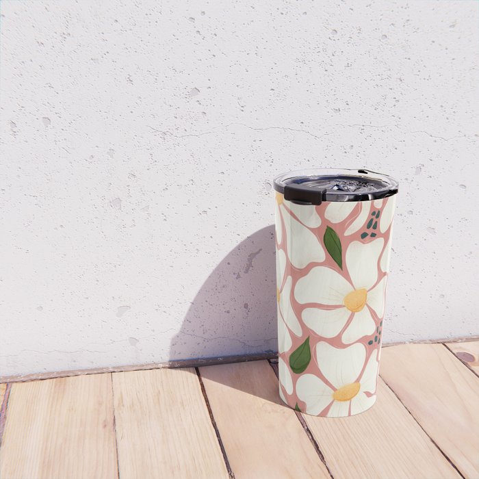 White Daisies On Pink Travel Mug Gallery Image 4