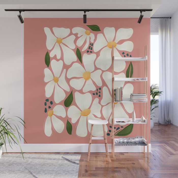 White Daisies On Pink Wall Mural Gallery Image 1