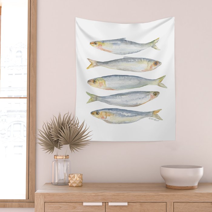 Sardine Fish Watercolor  Wall Tapestry Gallery Image 2