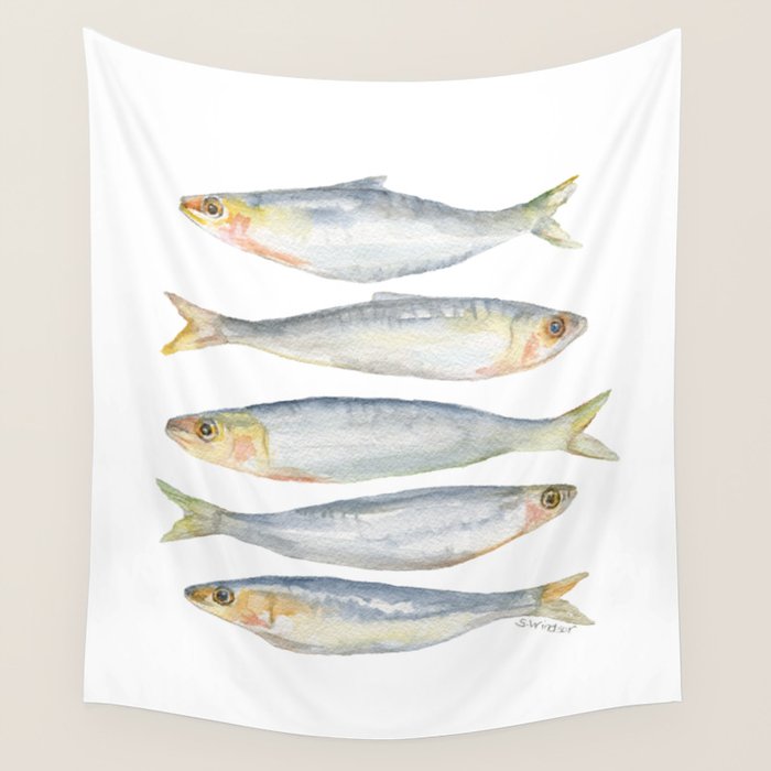 Sardine Fish Watercolor  Wall Tapestry Gallery Image 1
