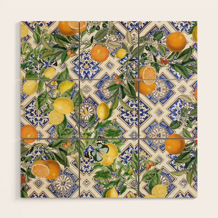 Sicilian Citrus, Mediterranean tiles, vintage lemons and orange fruit pattern Wood Wall Art Gallery Image 1