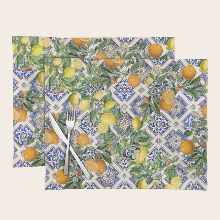 Sicilian Citrus, Mediterranean tiles, vintage lemons and orange fruit pattern Placemat Gallery Image 1