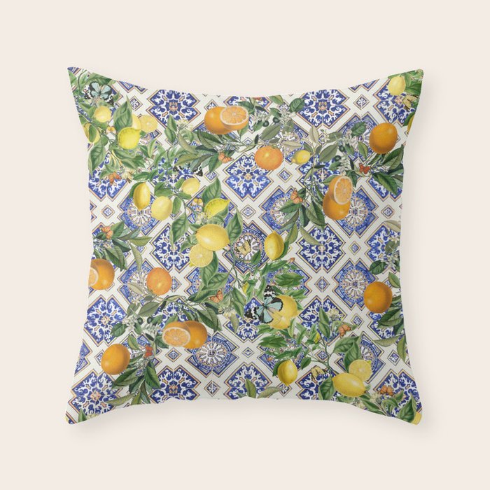 Sicilian Citrus, Mediterranean tiles, vintage lemons and orange fruit pattern Throw Pillow Gallery Image 1