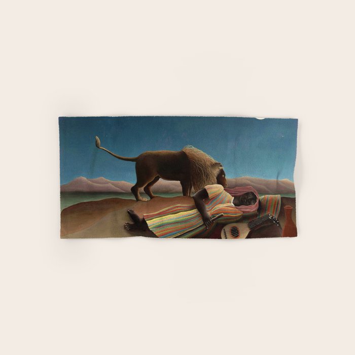 'The Sleeping Gypsy' Lion and Moon While Sleeping in the Desert by Henri Rousseau Bath Towel Gallery Image 1