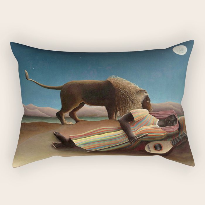 'The Sleeping Gypsy' Lion and Moon While Sleeping in the Desert by Henri Rousseau Rectangular Pillow Gallery Image 1
