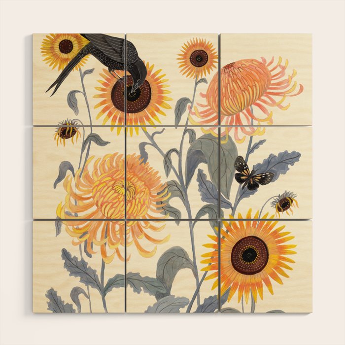 Crysanthmums and Sunflowers Wood Wall Art Gallery Image 1