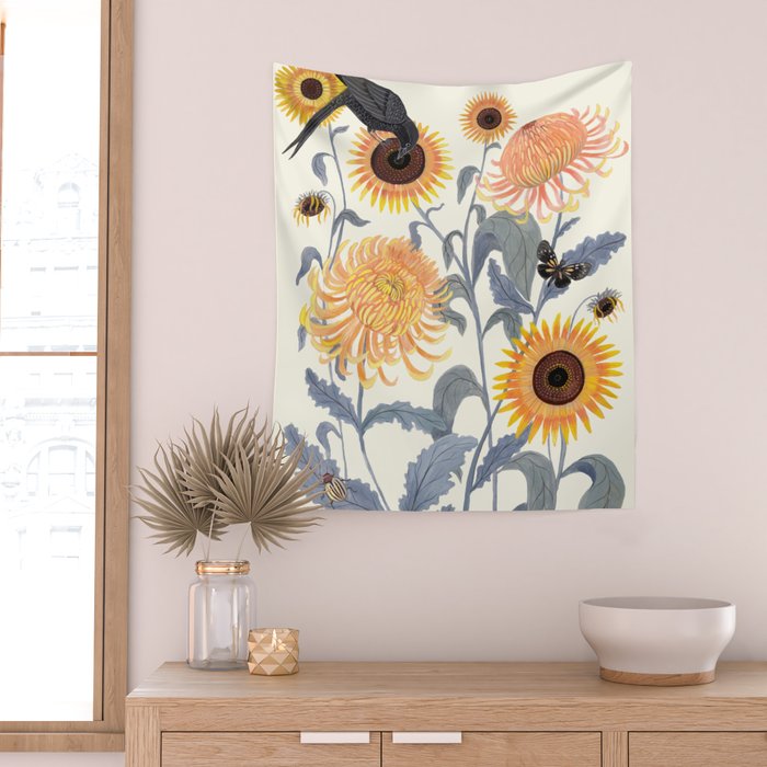 Crysanthmums and Sunflowers Wall Tapestry Gallery Image 2