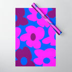 Large Pink and Purple Retro Flowers Blue Background #decor #society6 #buyart Wrapping Paper Gallery Image 1