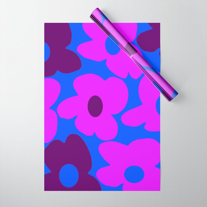 Large Pink and Purple Retro Flowers Blue Background #decor #society6 #buyart Wrapping Paper Gallery Image 1