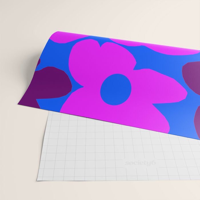 Large Pink and Purple Retro Flowers Blue Background #decor #society6 #buyart Wrapping Paper Gallery Image 2