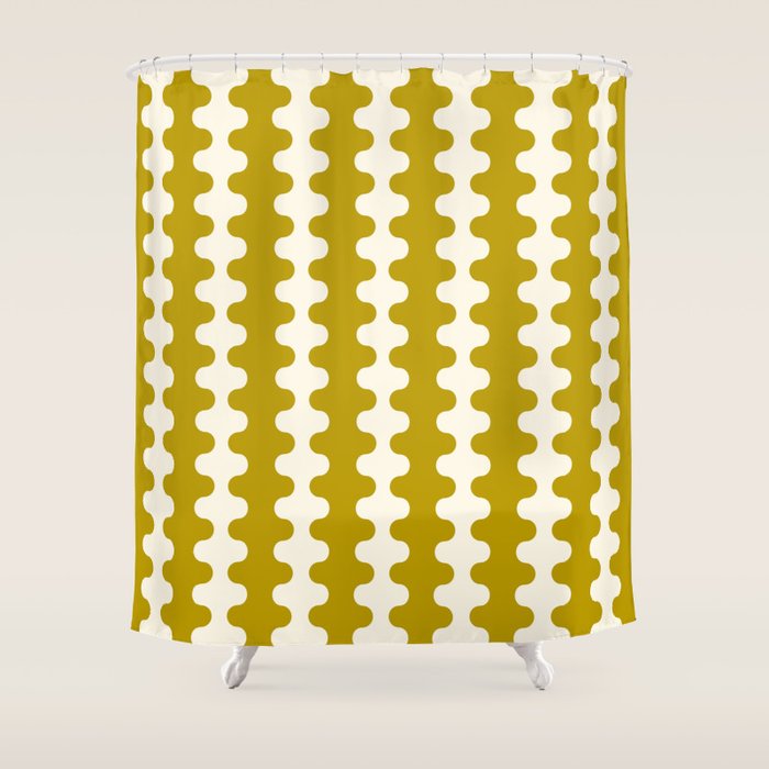 Wavy Stripes Ogee A-Go-Go Contemporary Pattern in Olive Yellow and Cream Shower Curtain Gallery Image 1