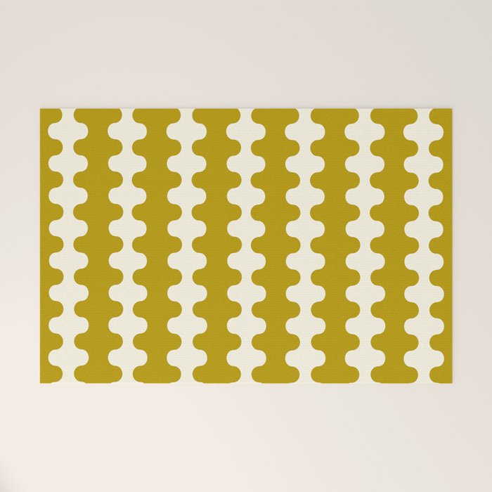 Wavy Stripes Ogee A-Go-Go Contemporary Pattern in Olive Yellow and Cream Welcome Mat Gallery Image 1