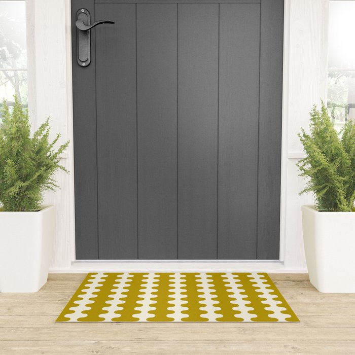 Wavy Stripes Ogee A-Go-Go Contemporary Pattern in Olive Yellow and Cream Welcome Mat Gallery Image 3