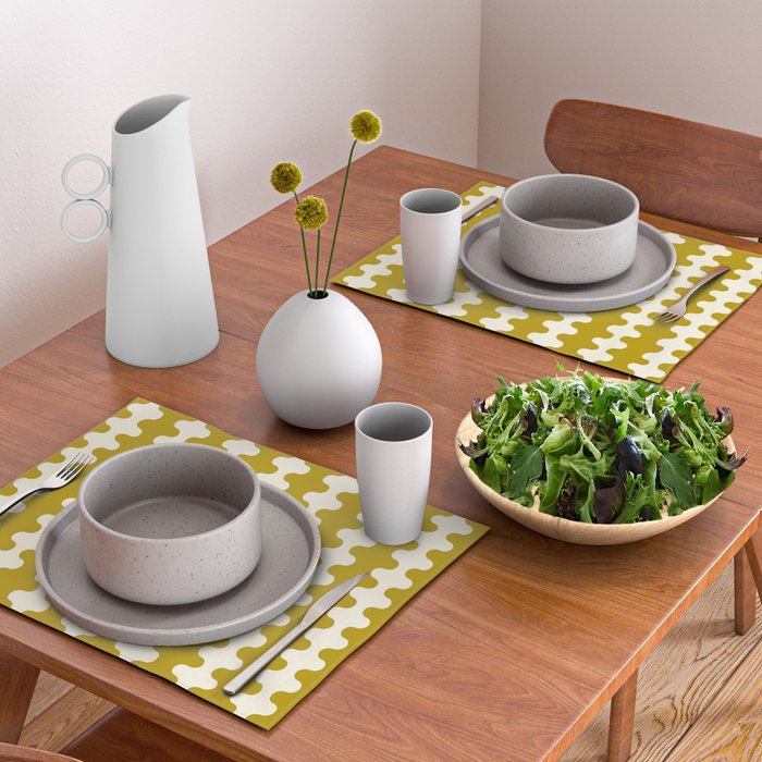 Wavy Stripes Ogee A-Go-Go Contemporary Pattern in Olive Yellow and Cream Placemat Gallery Image 2