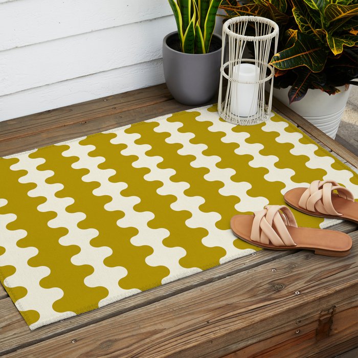 Wavy Stripes Ogee A-Go-Go Contemporary Pattern in Olive Yellow and Cream Outdoor Rug Gallery Image 2