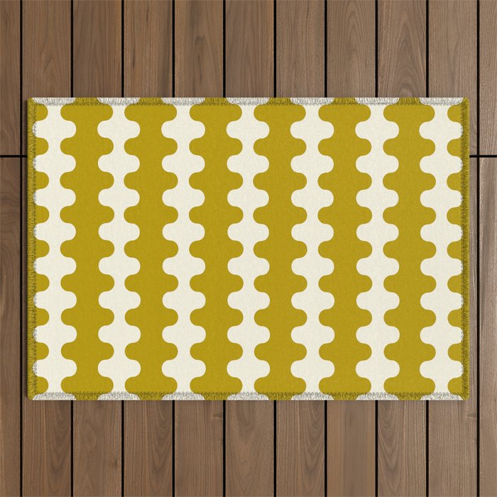 Wavy Stripes Ogee A-Go-Go Contemporary Pattern in Olive Yellow and Cream Outdoor Rug Gallery Image 1